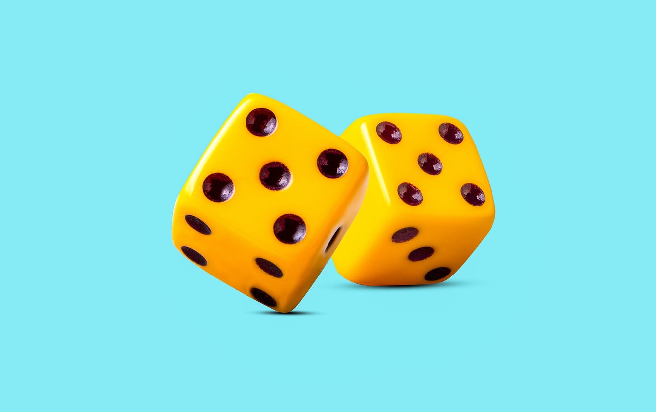 Yellow Playing Dice, On A Blue Background. Gambling, Poker, Board Games.