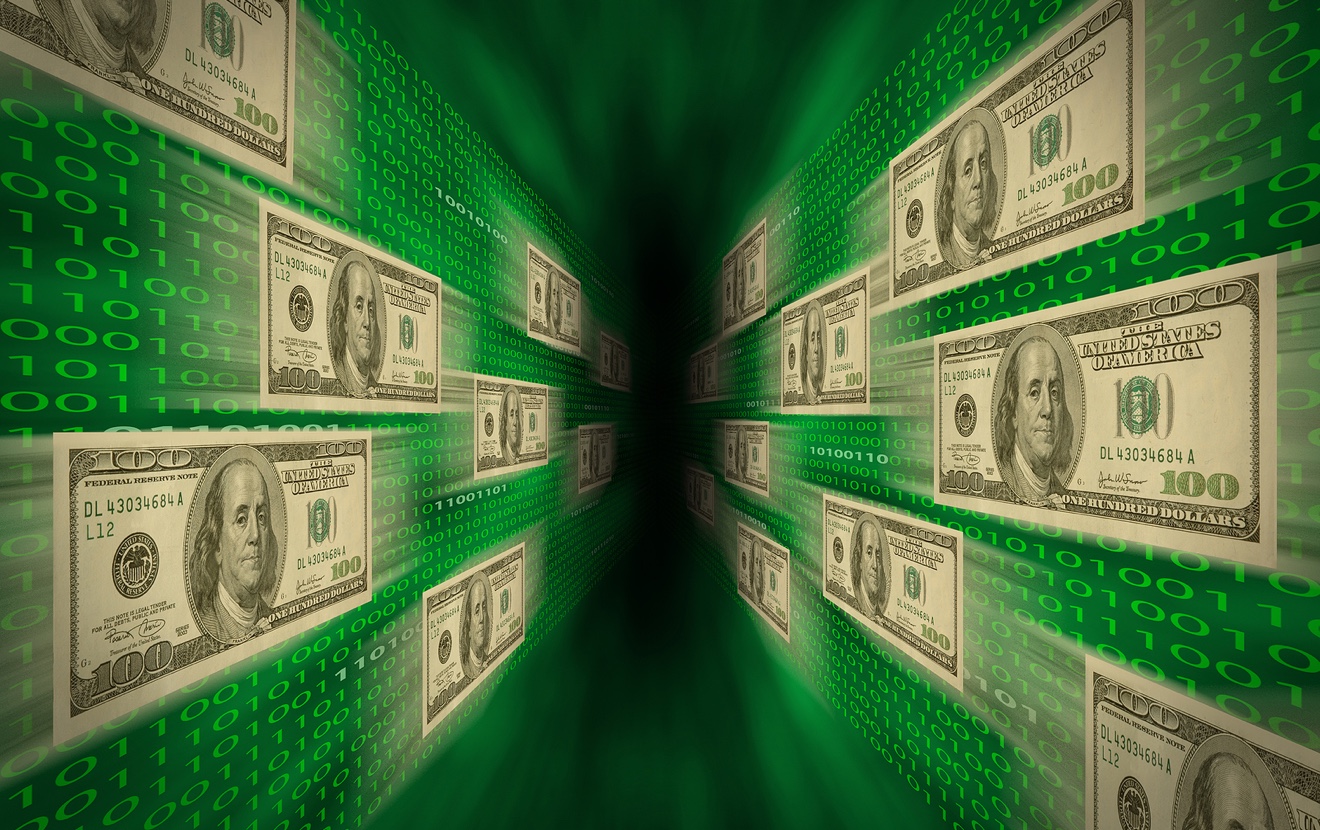 $100 Bills Flying Through A Green Vortex, With Walls Of Binary Code