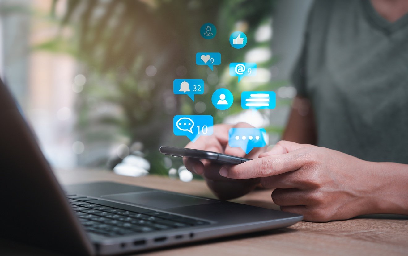 Social Media Marketing Concept On Virtual Screen, Women Use Mobile Phone With Notification Icons Of