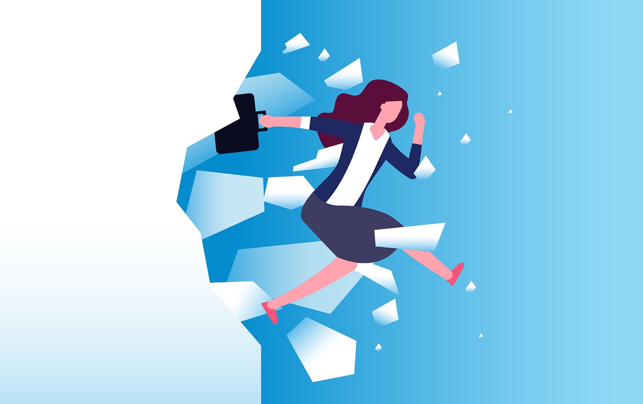 Businesswoman Breaking Wall. Strong Woman Jamps Through Barrier. Free People, Action And Overcome Ve