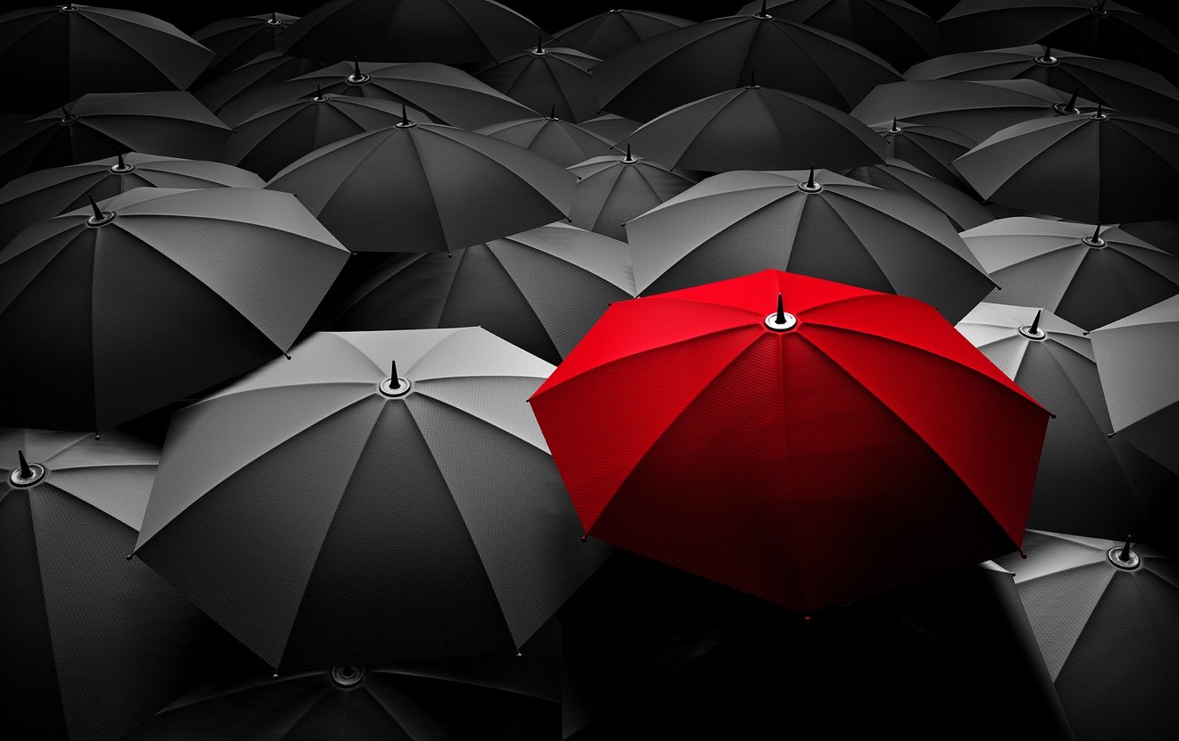 Red umbrella stand out from the crowd of many black and white umbrellas. Business, leader concept, b