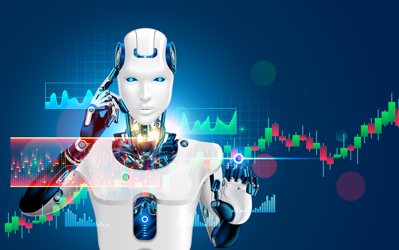 Robot Trading On Stock Market. Artificial Intelligence Of Forex Broker With Analyzing Business Chart