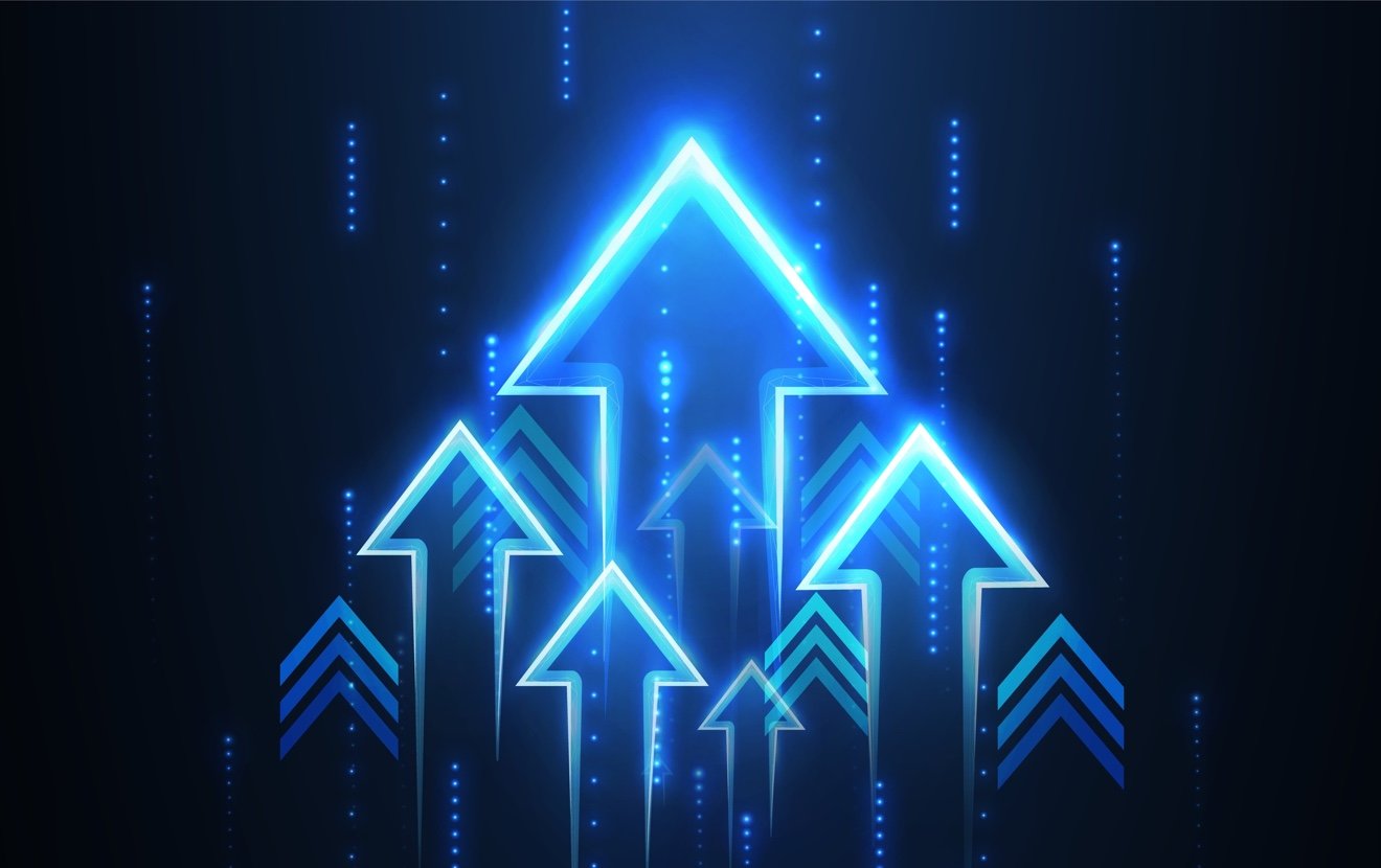 Up Arrows On Deep Blue Background Space With One Big Arrow.