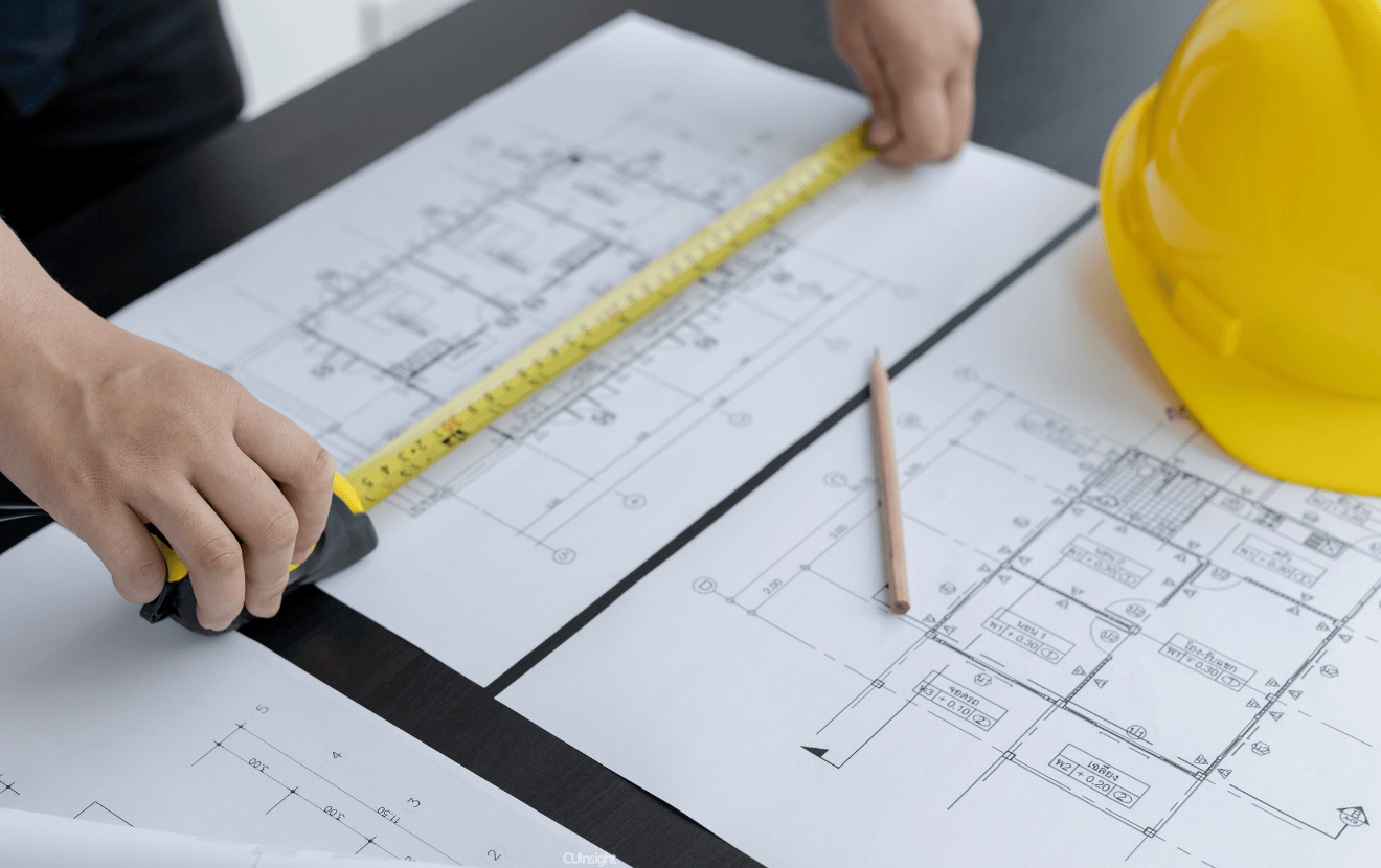 Image of drafting and hard hat